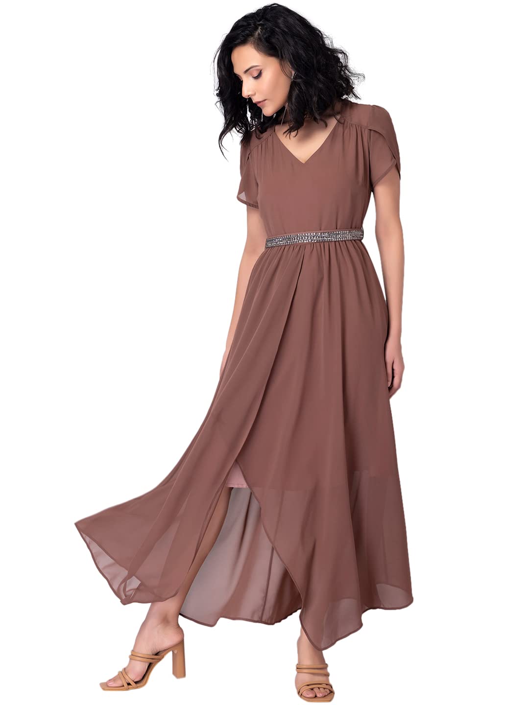FabAlley Women's Georgette Dusty Pink Tulip Sleeve Maxi Dress with Embellished Belt