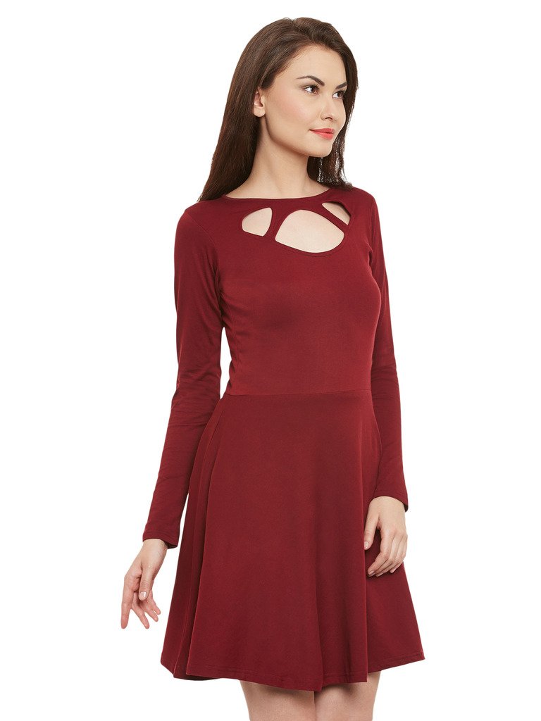 Miss Chase Women's Maroon Solid Full Sleeve Round Cut-Out Neck Mini Skater Dress