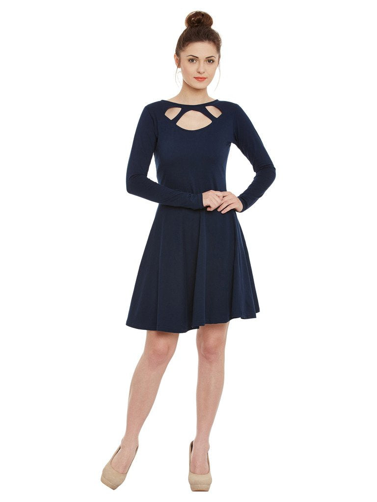 Miss Chase Women's Maroon Solid Full Sleeve Round Cut-Out Neck Mini Skater Dress