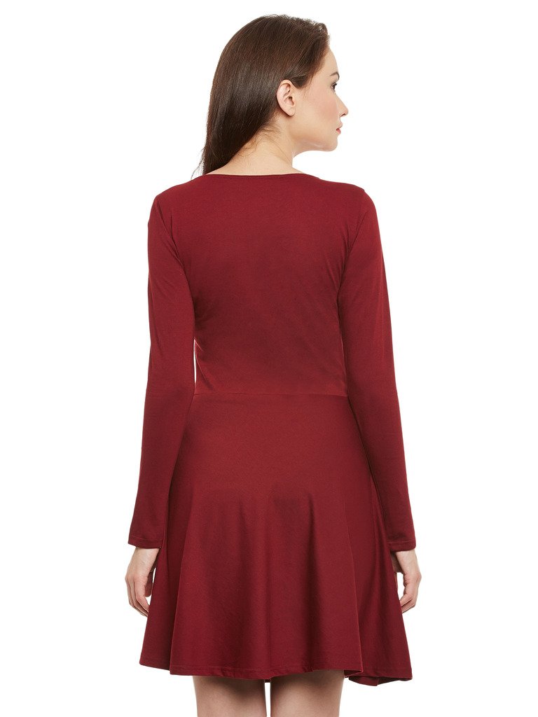 Miss Chase Women's Maroon Solid Full Sleeve Round Cut-Out Neck Mini Skater Dress