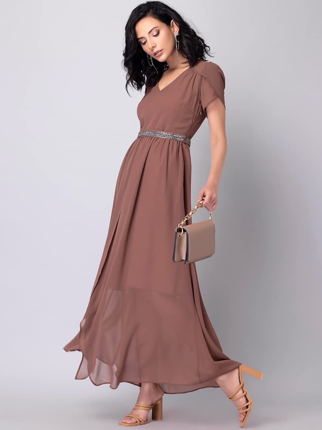 FabAlley Women's Georgette Dusty Pink Tulip Sleeve Maxi Dress with Embellished Belt