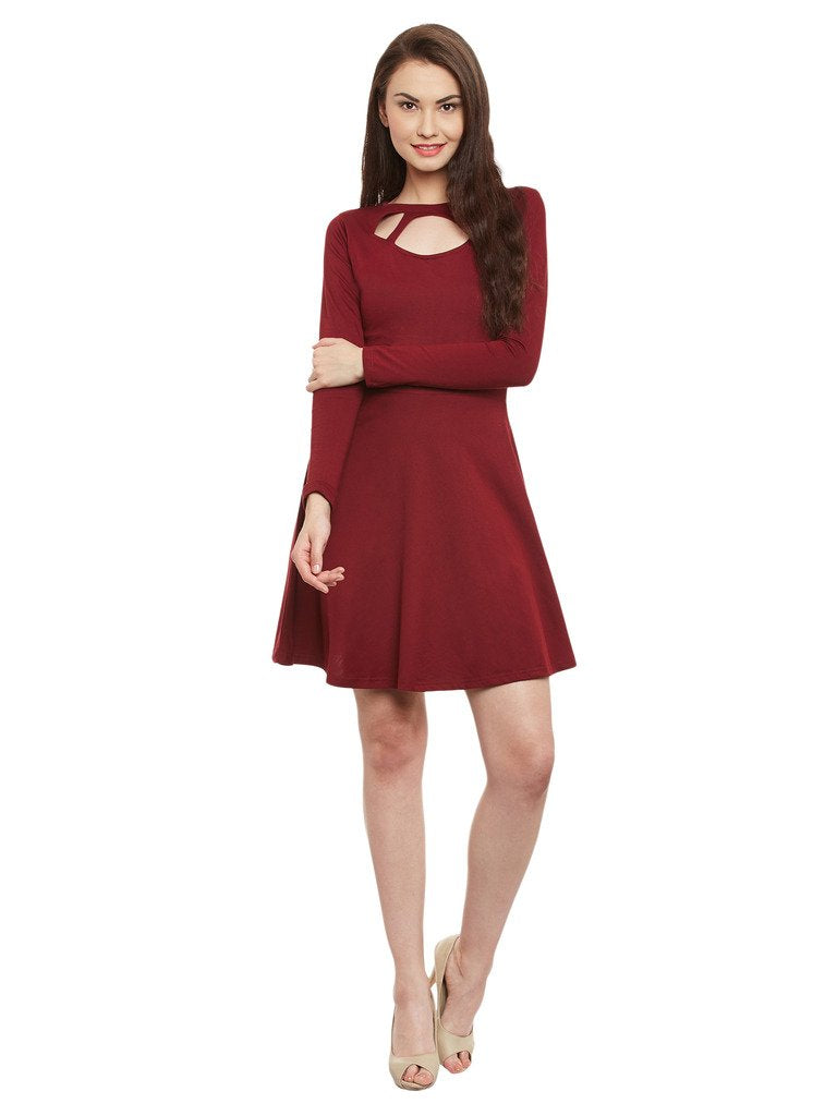 Miss Chase Women's Maroon Solid Full Sleeve Round Cut-Out Neck Mini Skater Dress