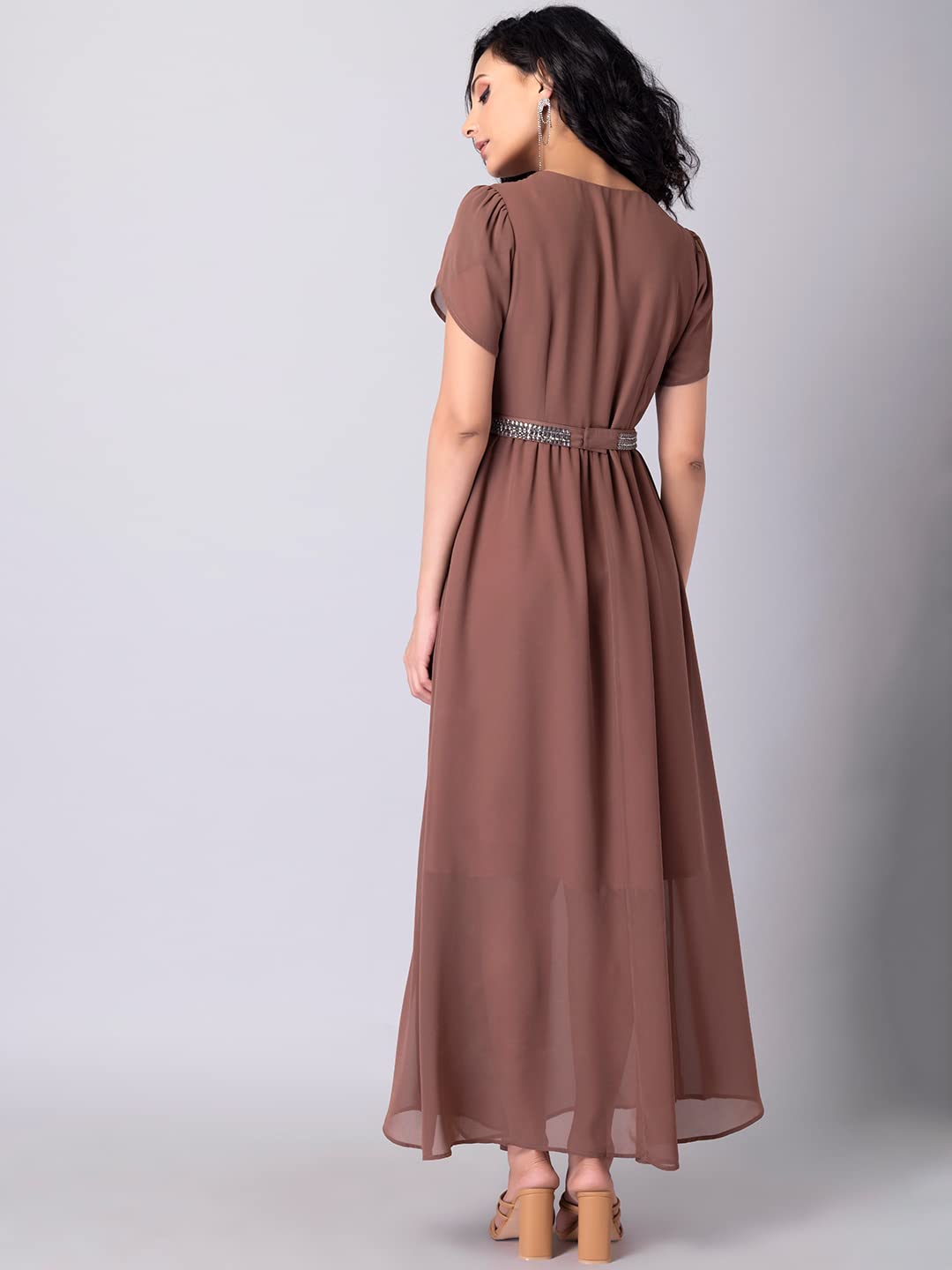 FabAlley Women's Georgette Dusty Pink Tulip Sleeve Maxi Dress with Embellished Belt