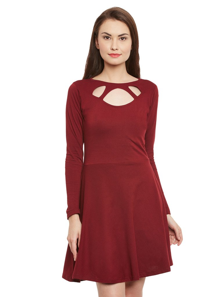 Miss Chase Women's Maroon Solid Full Sleeve Round Cut-Out Neck Mini Skater Dress