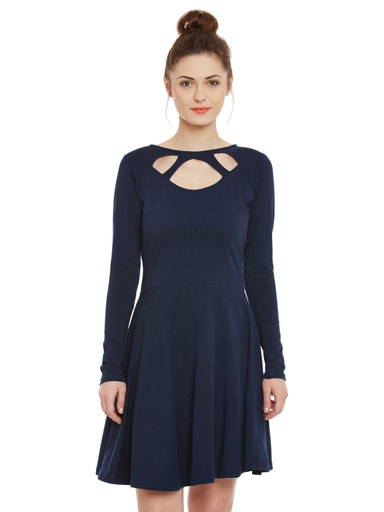 Miss Chase Women's Maroon Solid Full Sleeve Round Cut-Out Neck Mini Skater Dress