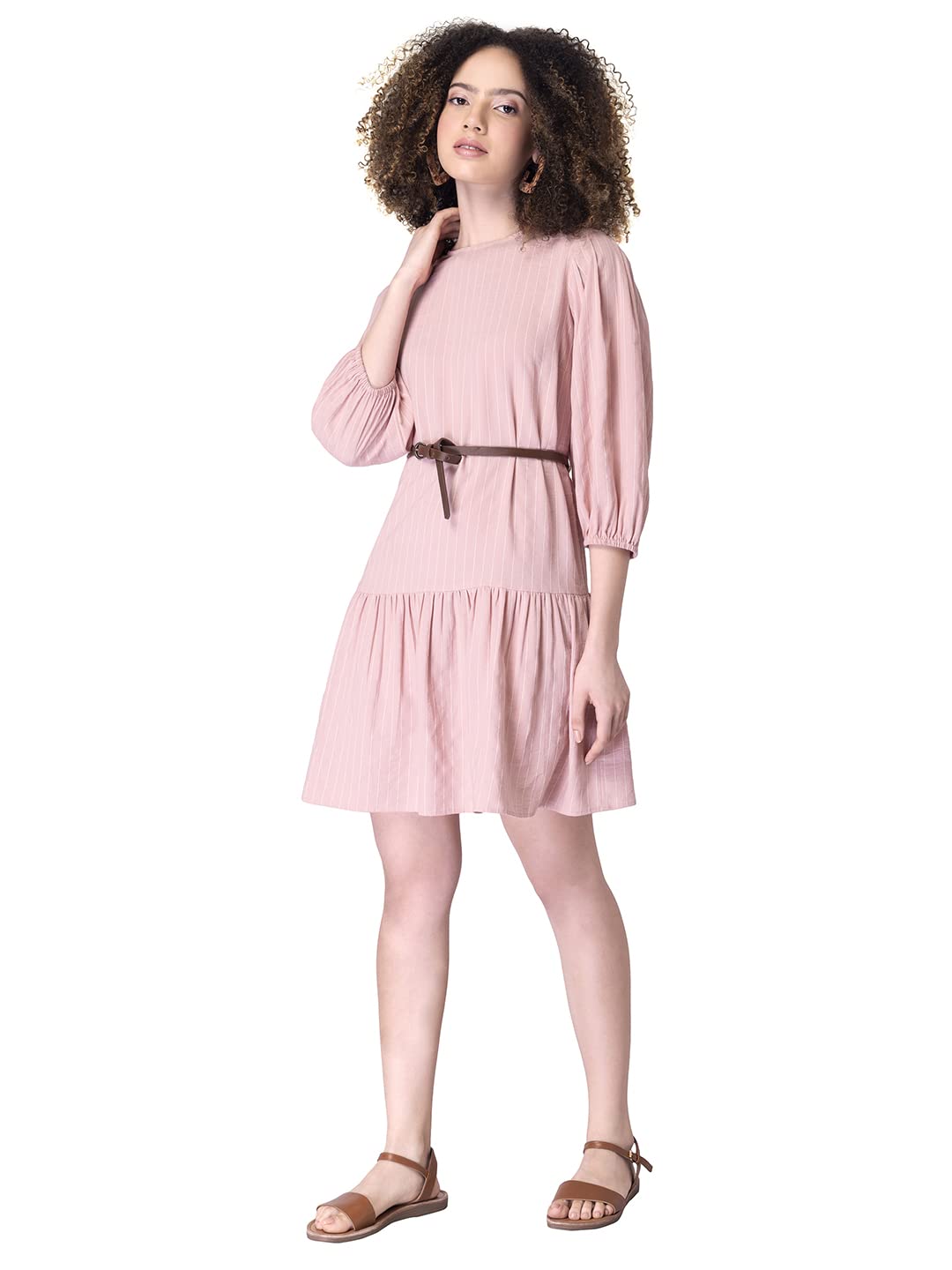 FabAlley Women's Cotton Peach Striped Belted Dress Mini Western