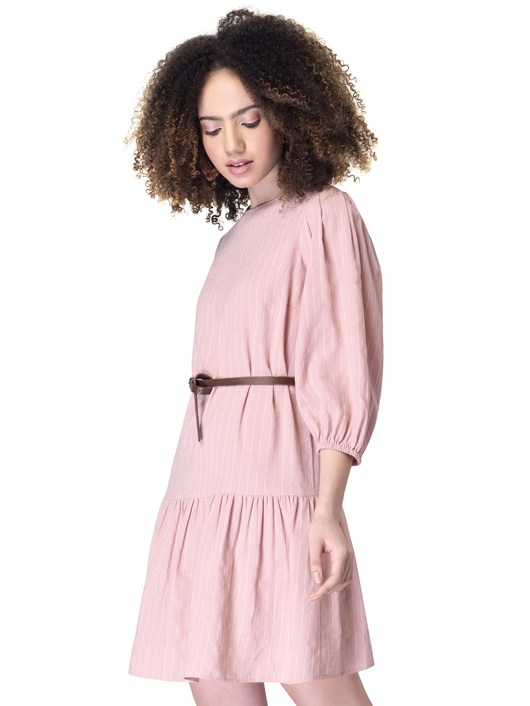 FabAlley Women's Cotton Peach Striped Belted Dress Mini Western