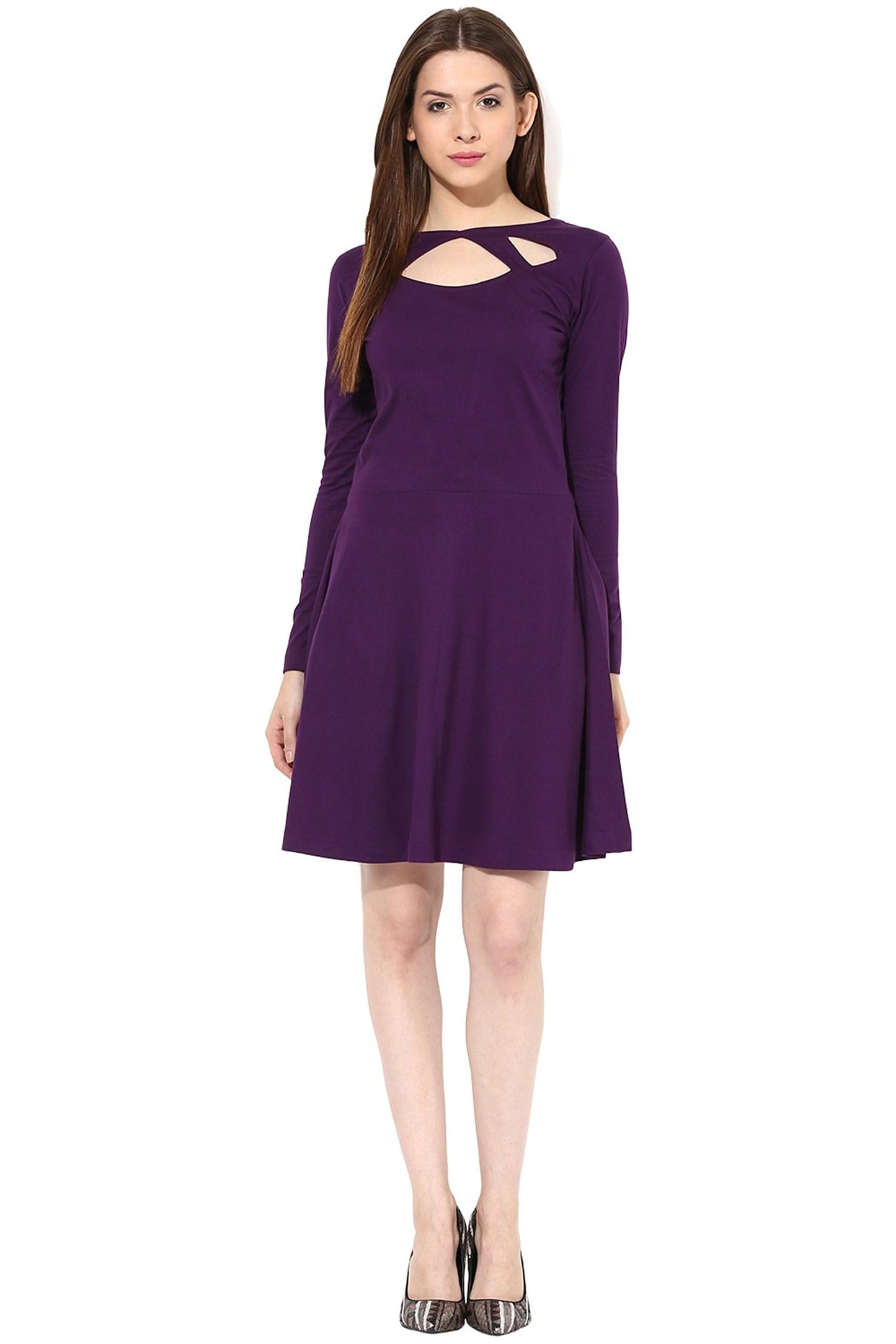 Miss Chase Women's Maroon Solid Full Sleeve Round Cut-Out Neck Mini Skater Dress
