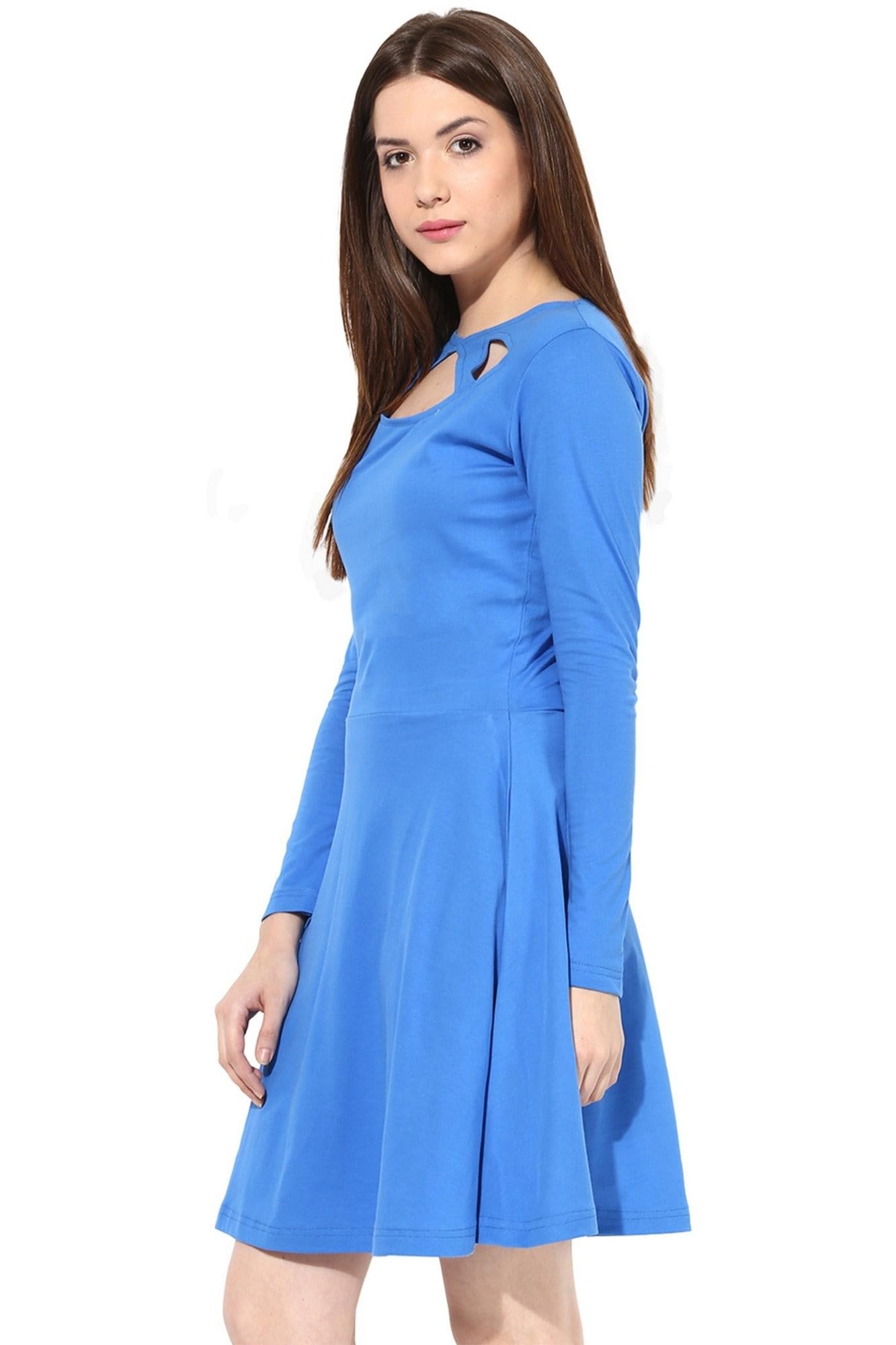 Miss Chase Women's Maroon Solid Full Sleeve Round Cut-Out Neck Mini Skater Dress