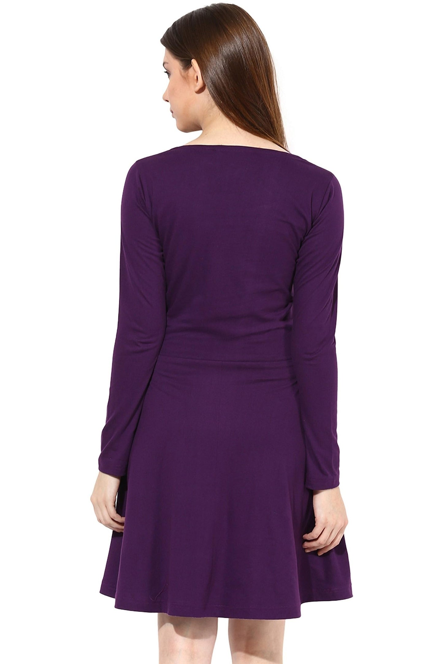 Miss Chase Women's Maroon Solid Full Sleeve Round Cut-Out Neck Mini Skater Dress