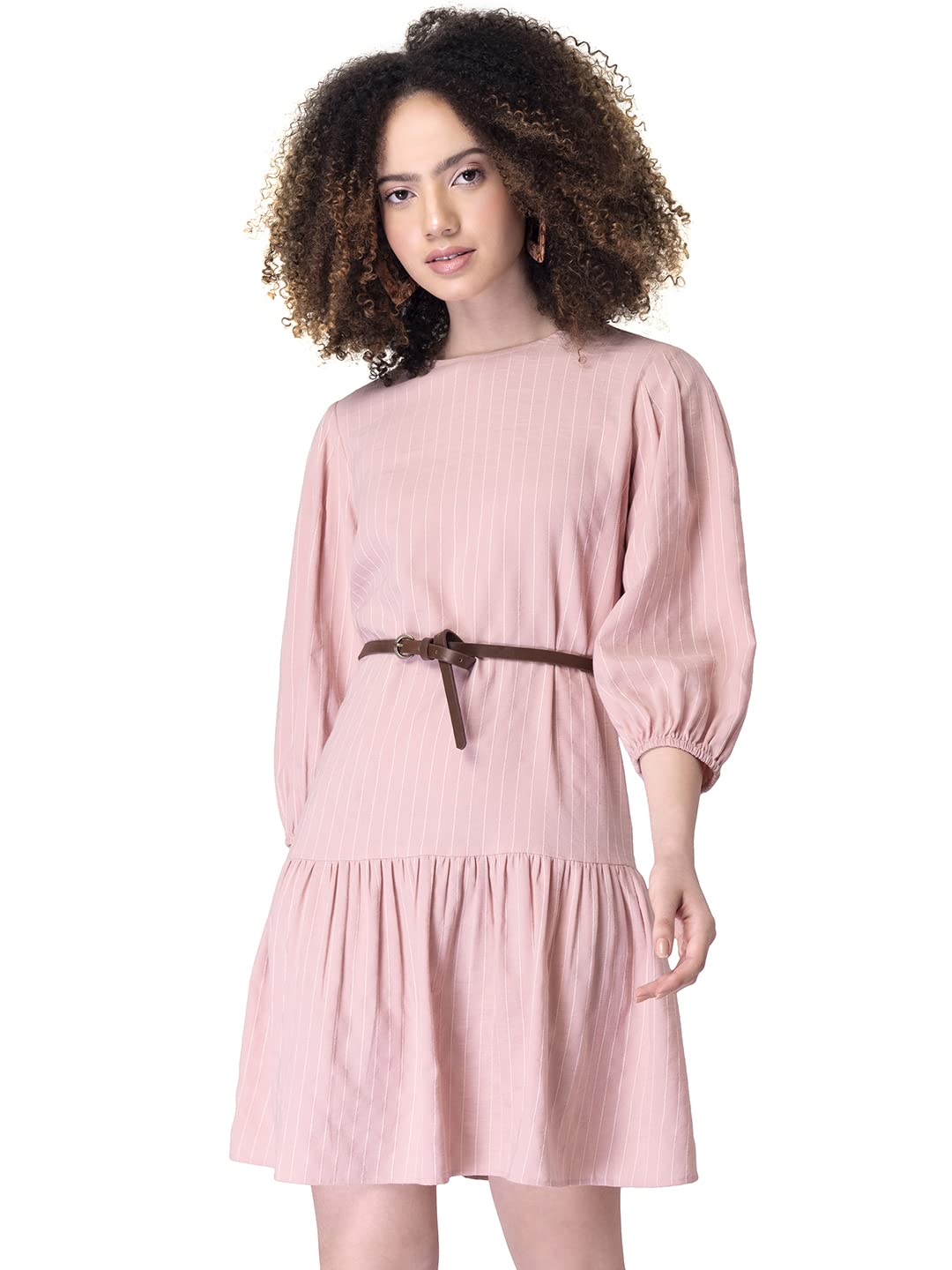 FabAlley Women's Cotton Peach Striped Belted Dress Mini Western