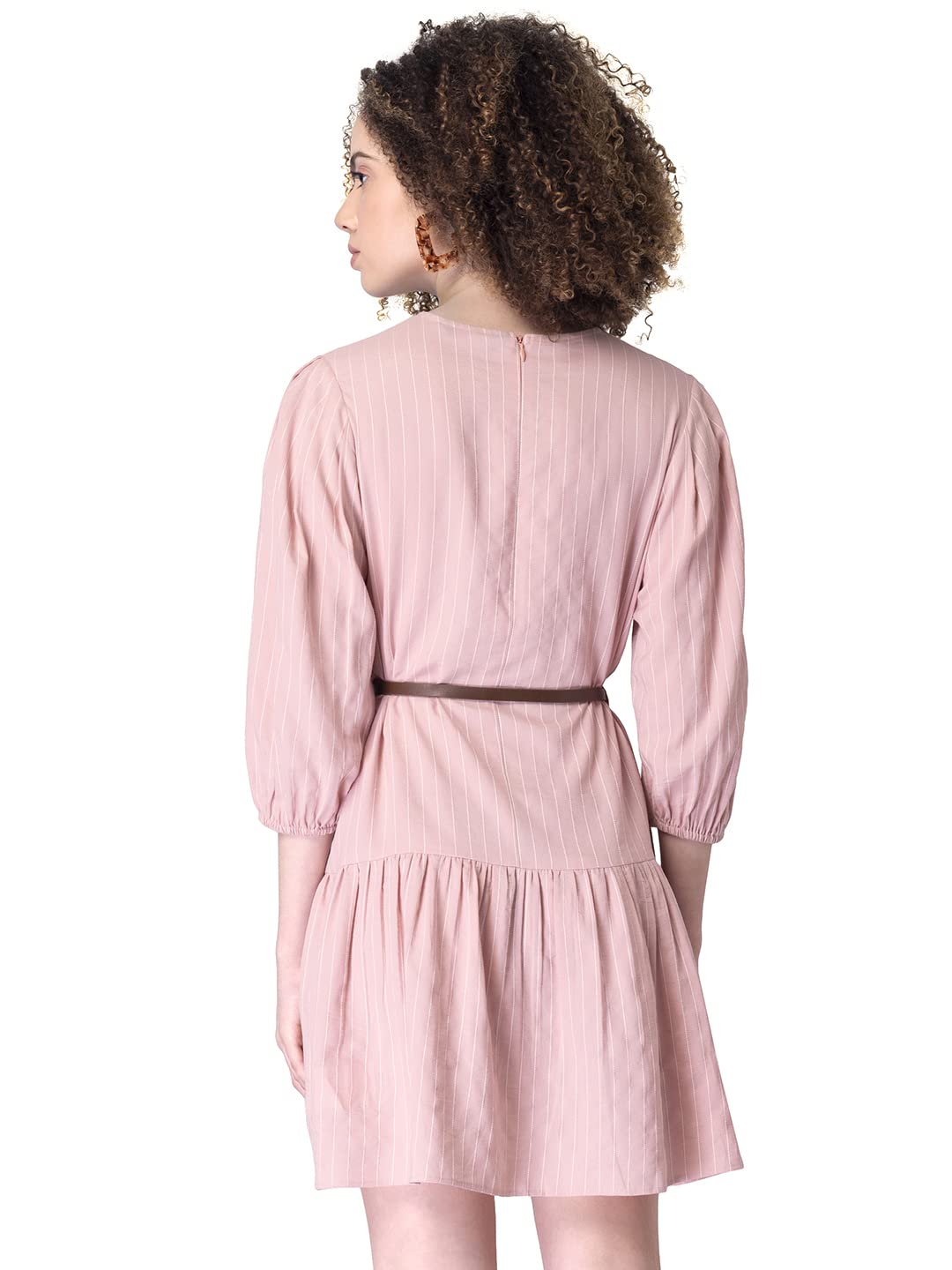 FabAlley Women's Cotton Peach Striped Belted Dress Mini Western