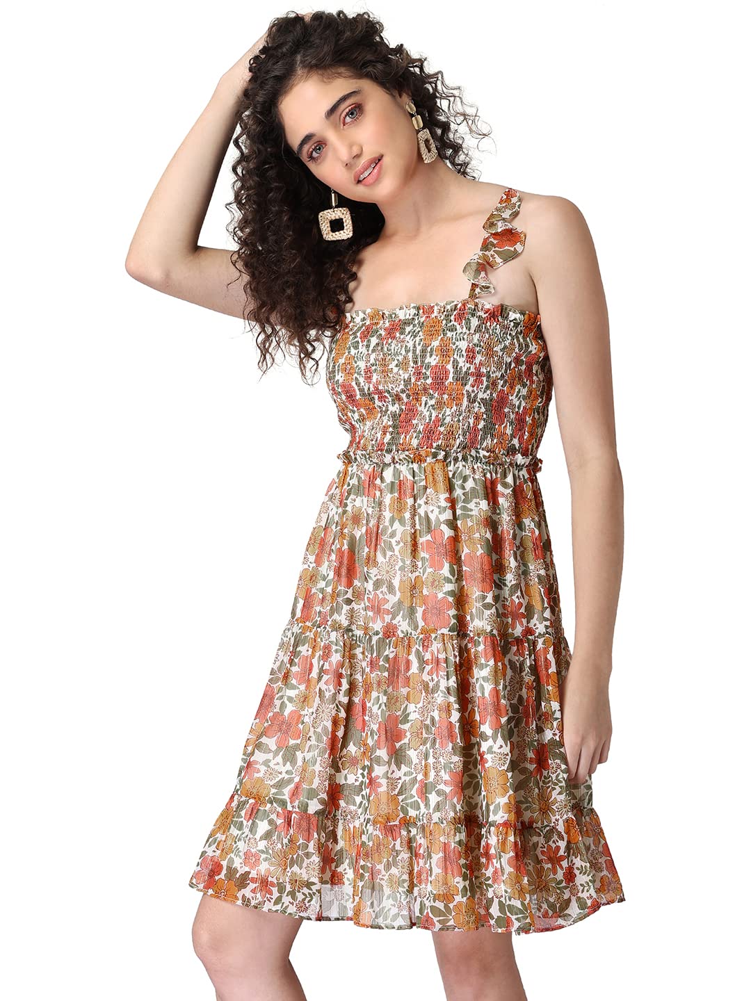 FabAlley Women's Georgette Orange Floral Smocked Ruffled Tiered Dress Mini