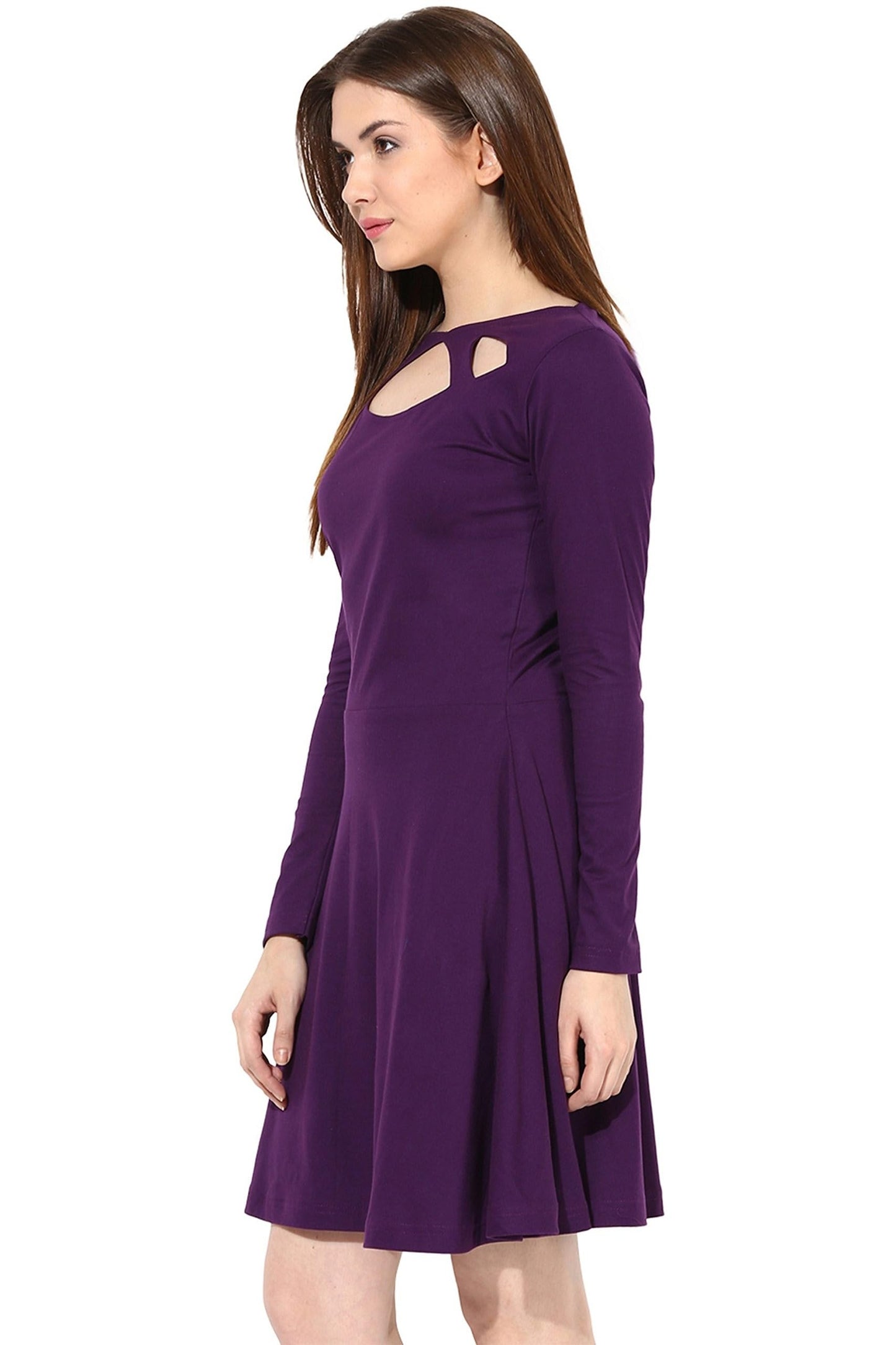 Miss Chase Women's Maroon Solid Full Sleeve Round Cut-Out Neck Mini Skater Dress
