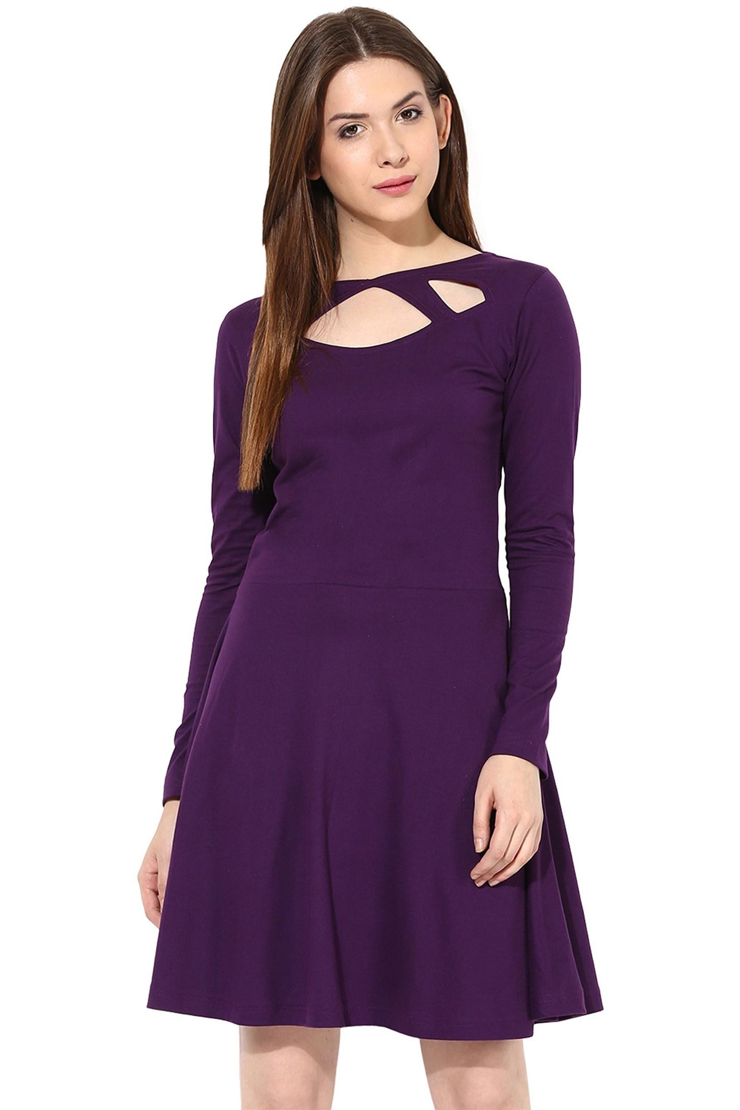 Miss Chase Women's Maroon Solid Full Sleeve Round Cut-Out Neck Mini Skater Dress