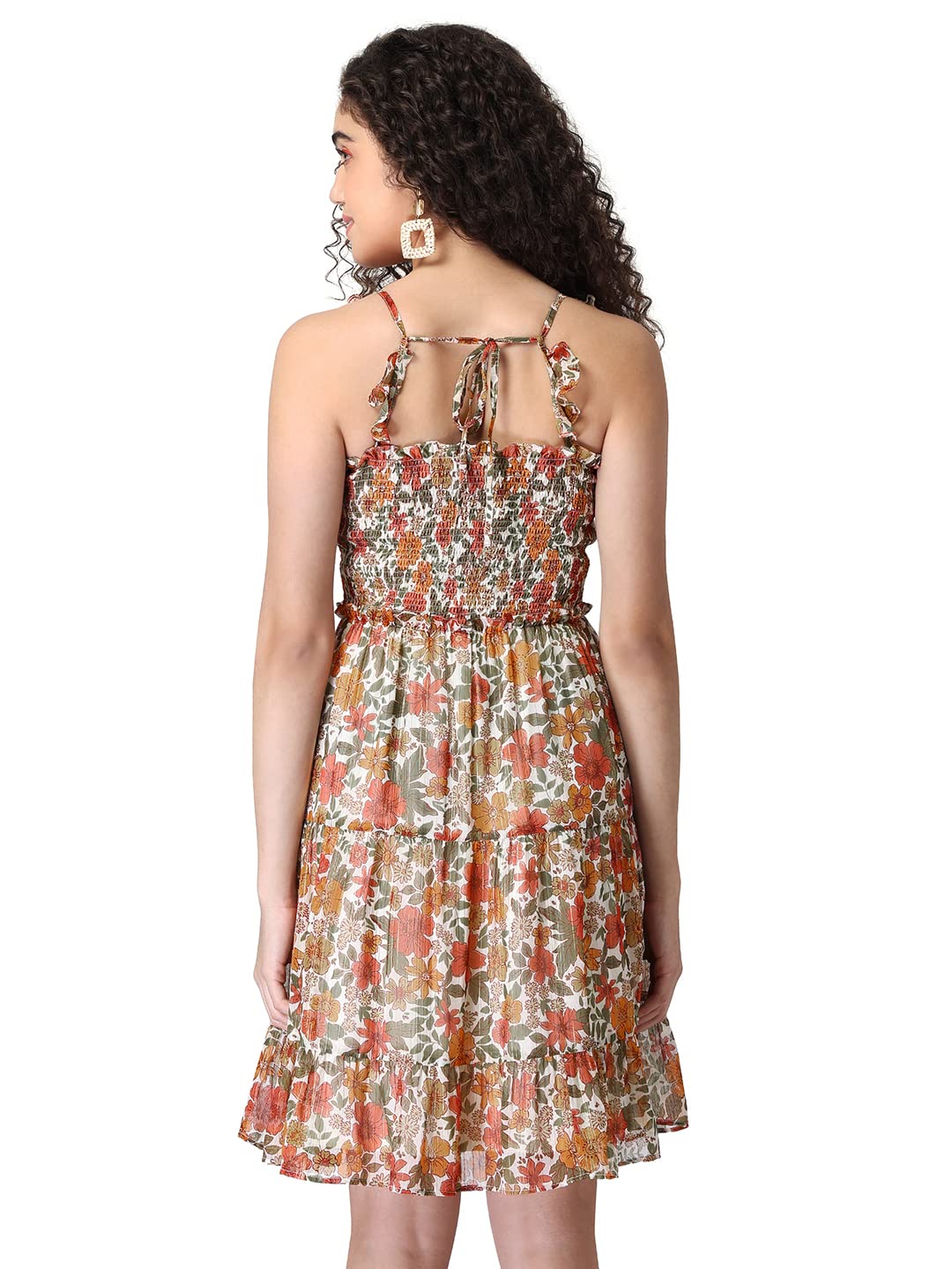 FabAlley Women's Georgette Orange Floral Smocked Ruffled Tiered Dress Mini