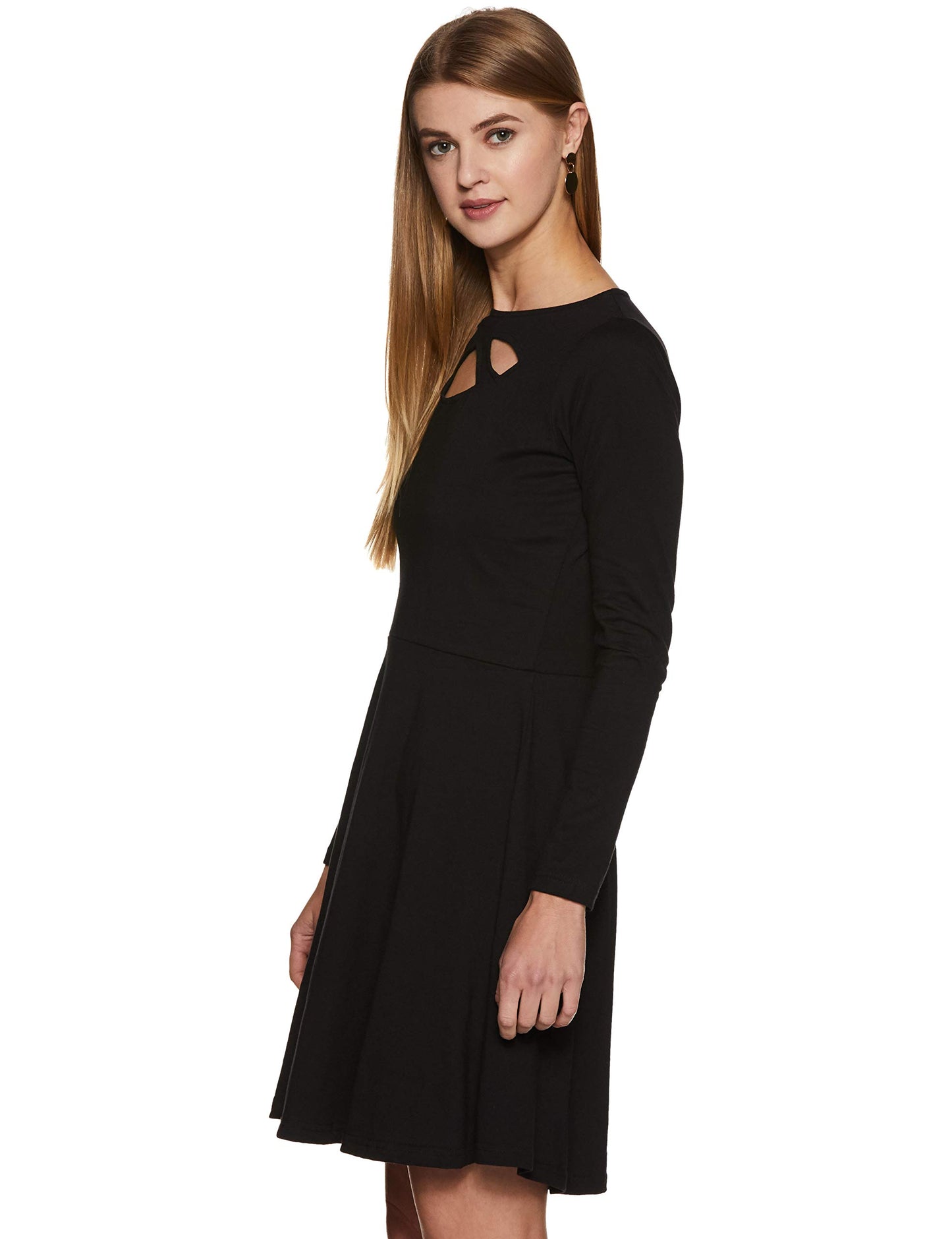 Miss Chase Women's Maroon Solid Full Sleeve Round Cut-Out Neck Mini Skater Dress