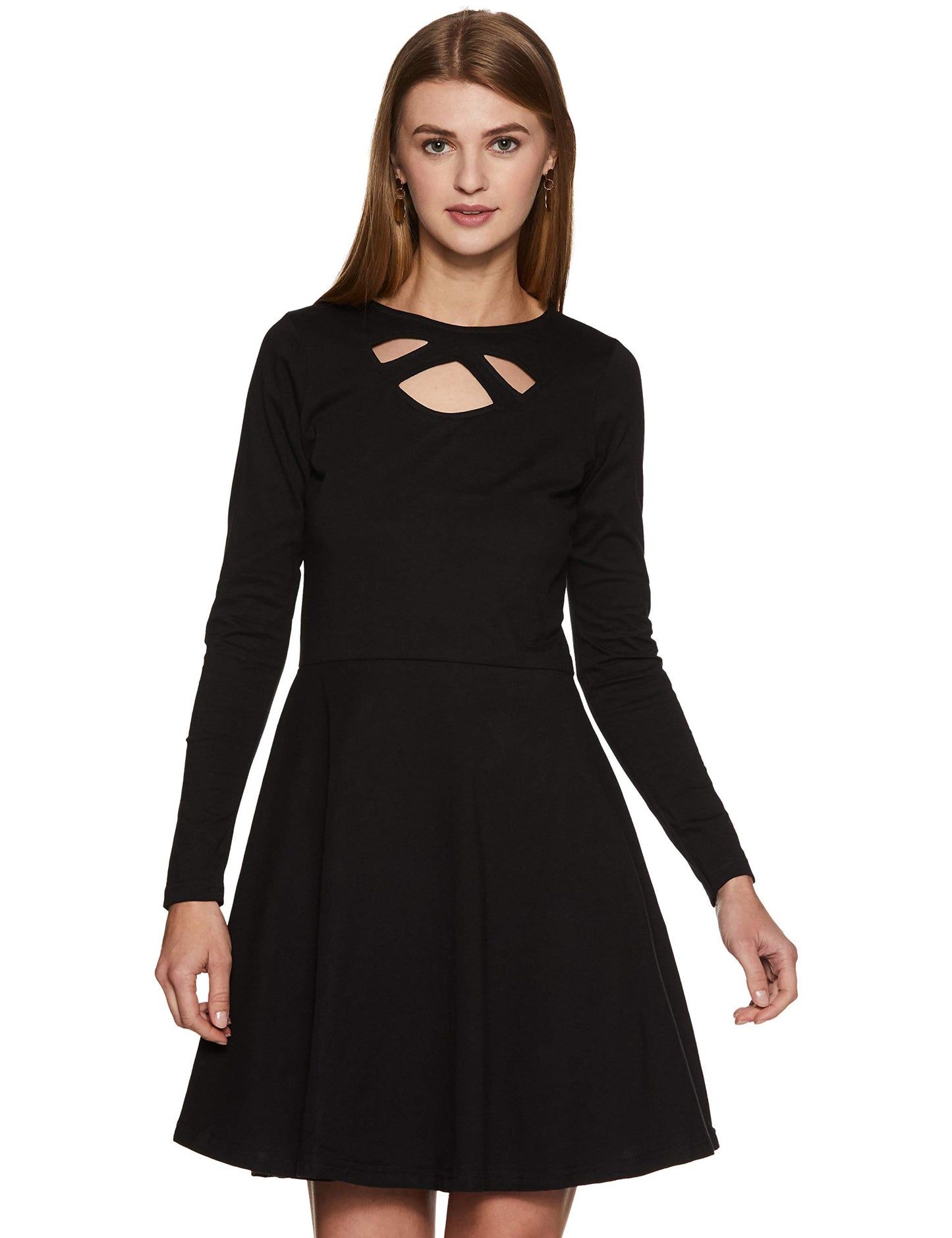 Miss Chase Women's Maroon Solid Full Sleeve Round Cut-Out Neck Mini Skater Dress
