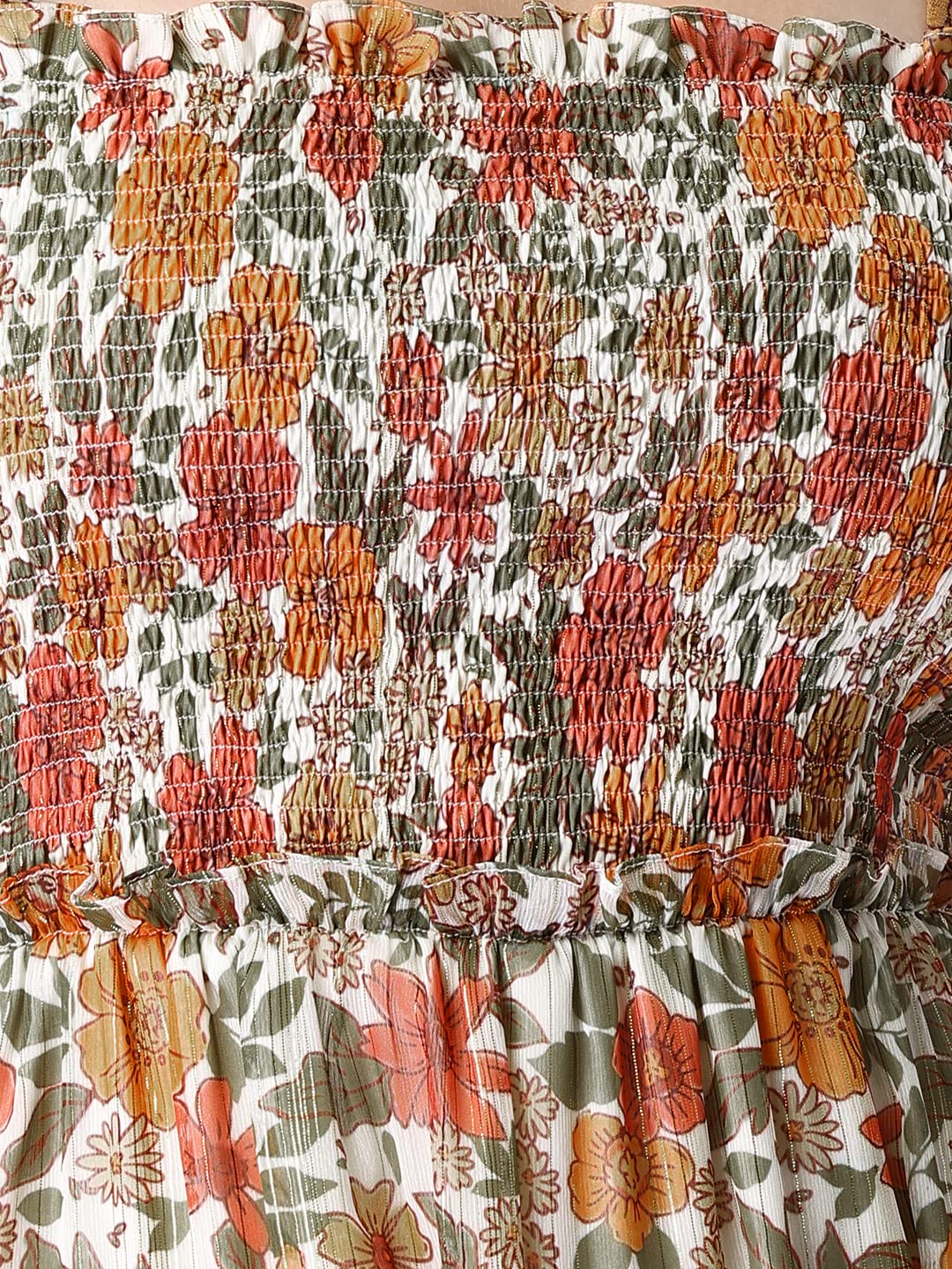 FabAlley Women's Georgette Orange Floral Smocked Ruffled Tiered Dress Mini