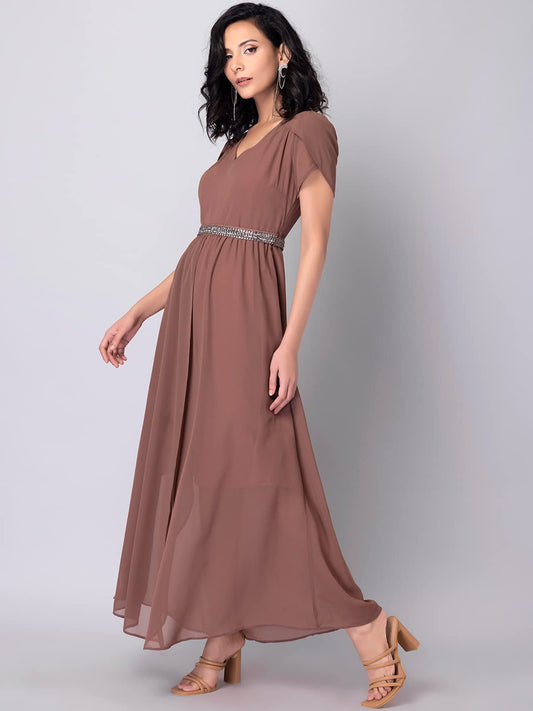 FabAlley Women's Georgette Dusty Pink Tulip Sleeve Maxi Dress with Embellished Belt