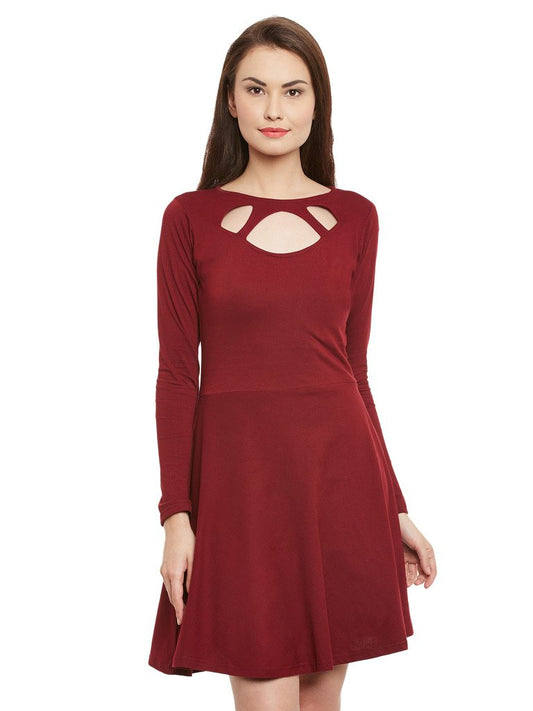 Miss Chase Women's Maroon Solid Full Sleeve Round Cut-Out Neck Mini Skater Dress