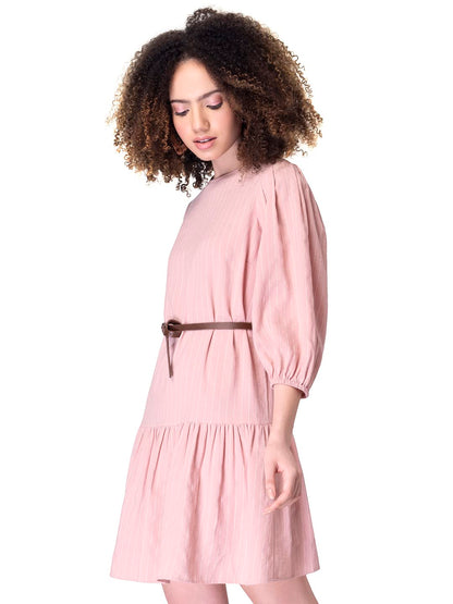 FabAlley Women's Cotton Peach Striped Belted Dress Mini Western
