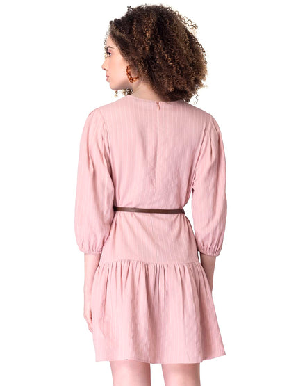 FabAlley Women's Cotton Peach Striped Belted Dress Mini Western