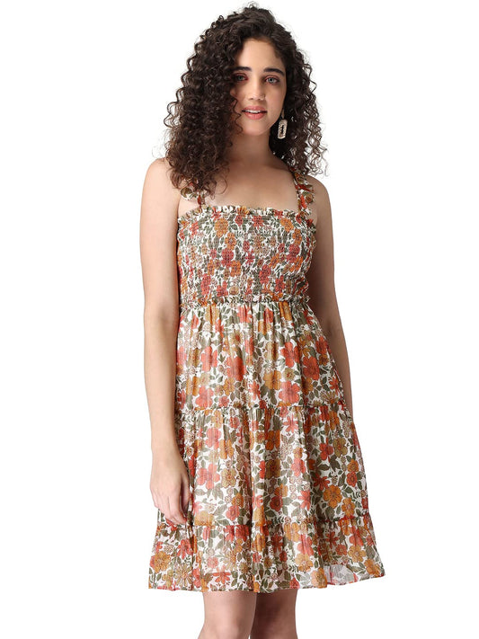 FabAlley Women's Georgette Orange Floral Smocked Ruffled Tiered Dress Mini