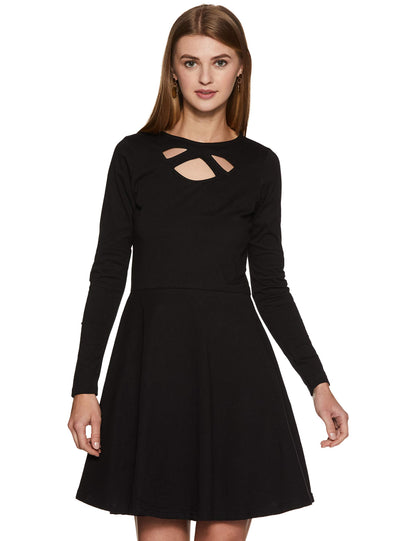 Miss Chase Women's Maroon Solid Full Sleeve Round Cut-Out Neck Mini Skater Dress