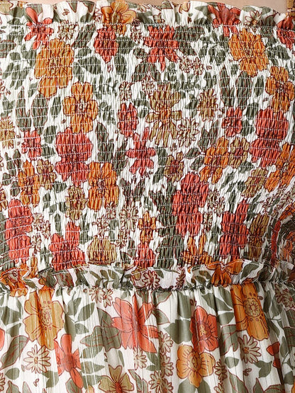 FabAlley Women's Georgette Orange Floral Smocked Ruffled Tiered Dress Mini